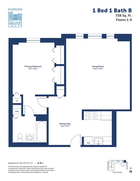 Floor plan for 1 bed, 1 bath, 738 sqft